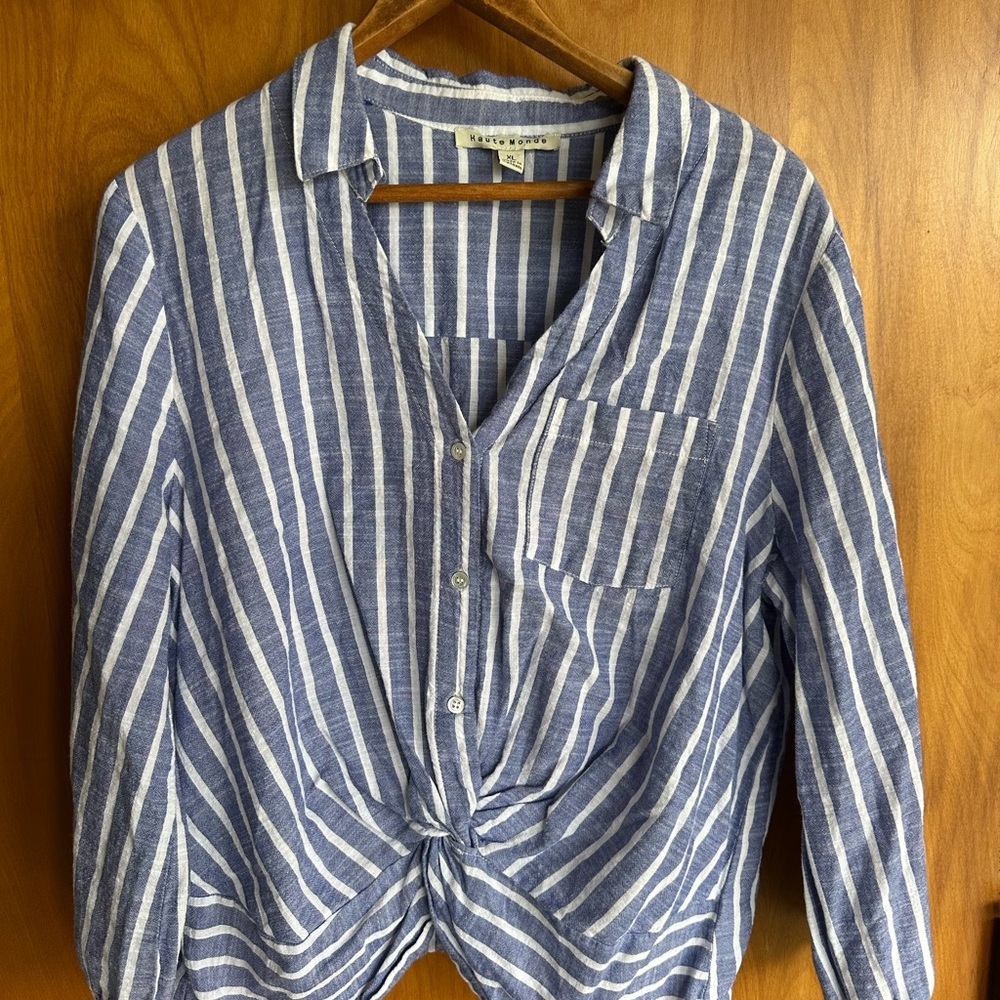 Haute Monde Blue & White Vertical Stripe Button Shirt